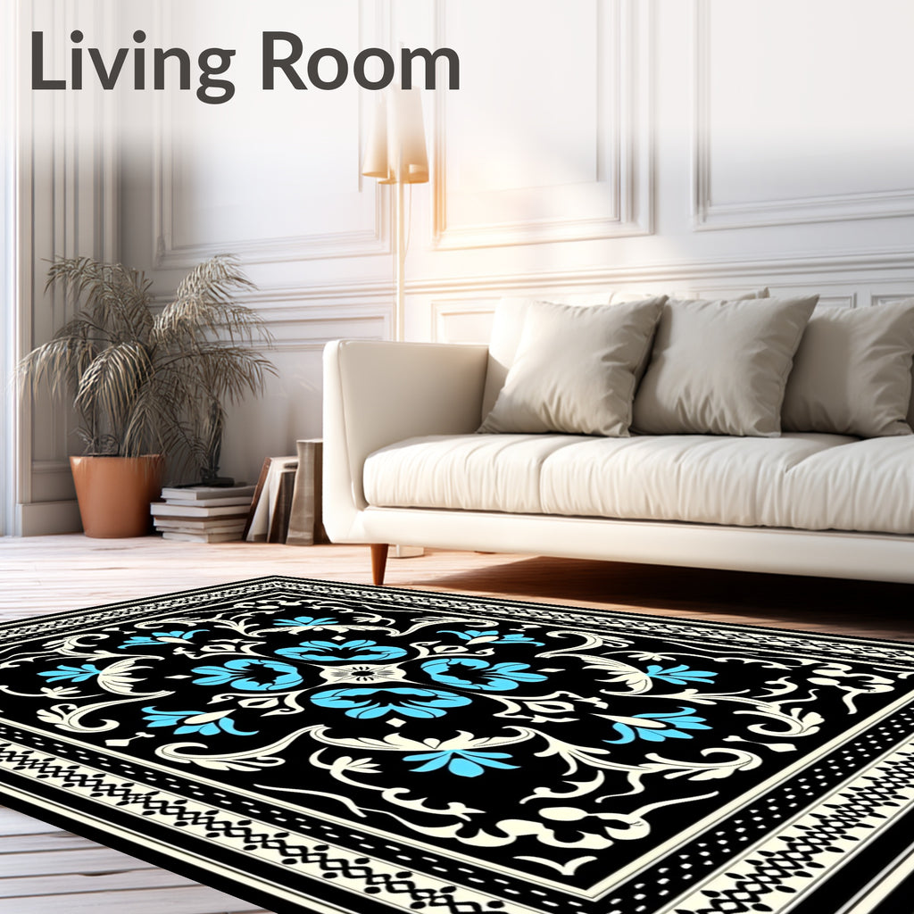 Black Blue Floral Traditional Ornament Rug