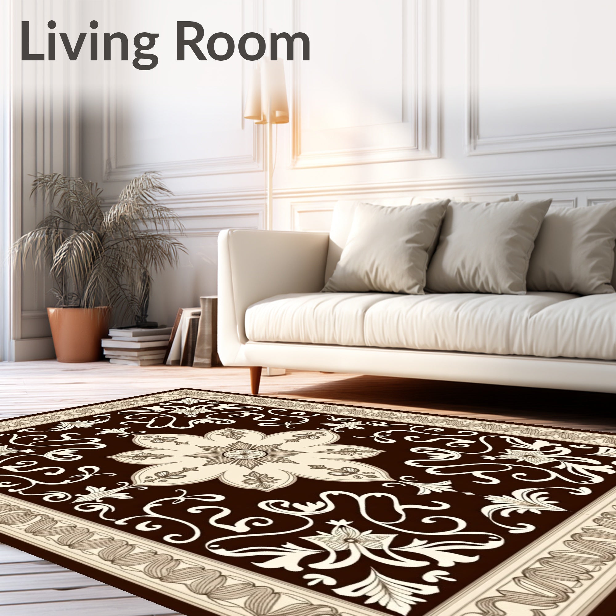 Chocolate Cream Floral Scroll Pattern Rug