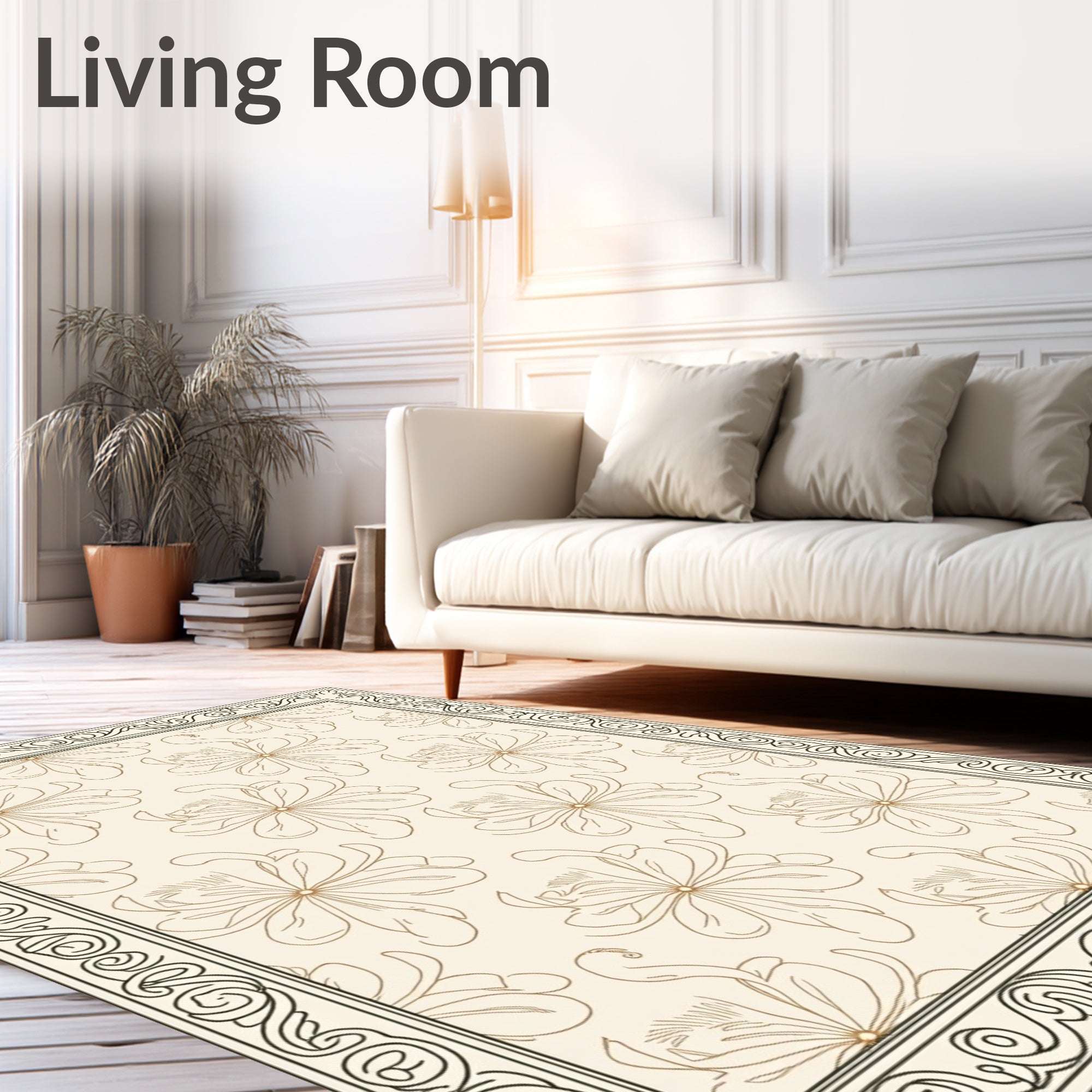 Elegant Floral Bordered Cream Rug