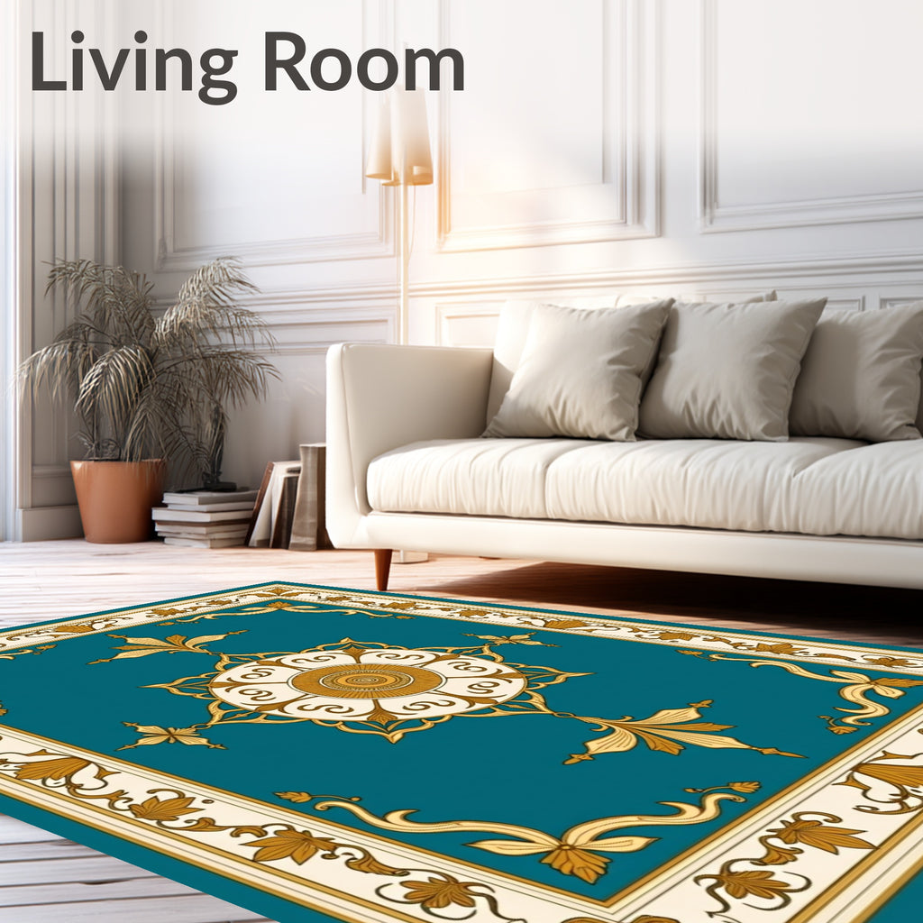Ornate Teal Gold Floral Border Rug