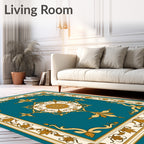 Ornate Teal Gold Floral Border Rug