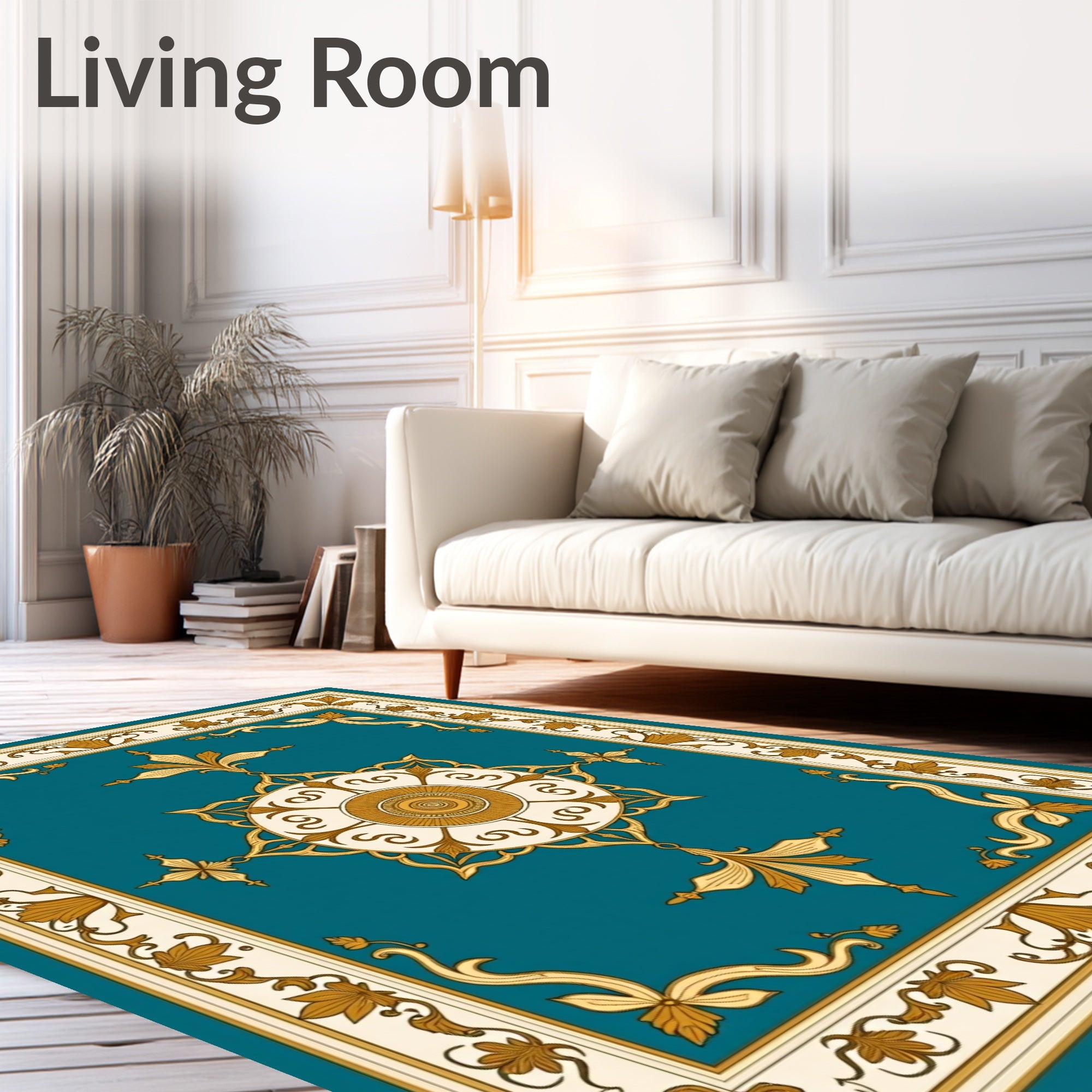 Ornate Teal Gold Floral Border Rug