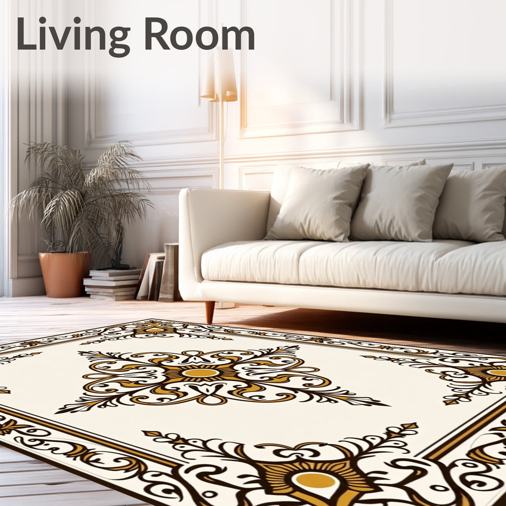 Cream and Gold Ornate Scroll Pattern Rug