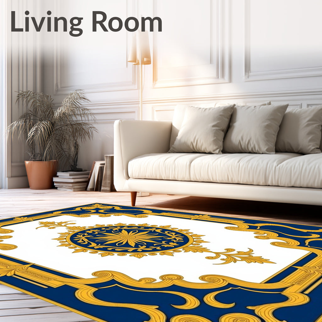 Elegant Blue Gold Ornate Medallion Rug