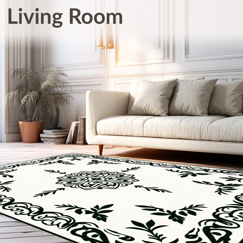 Ornate Black Leaf Motif Rug