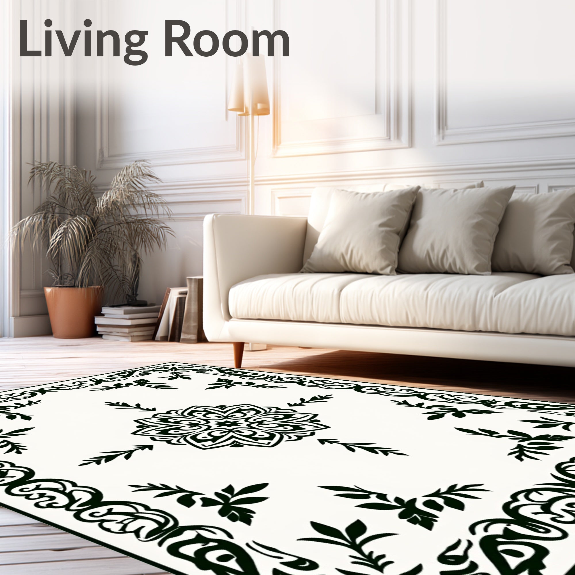 Ornate Black Leaf Motif Rug