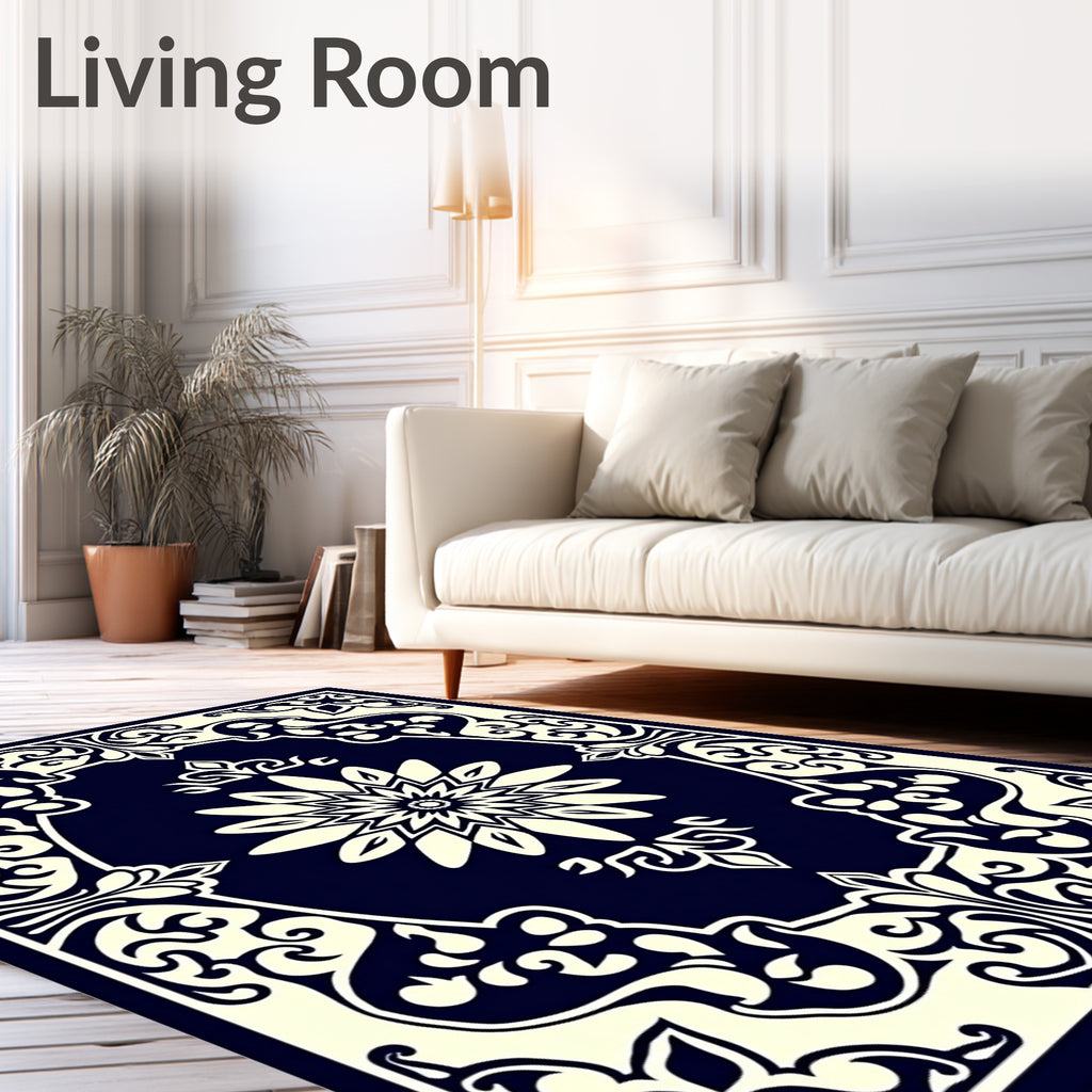 Dark Blue Ivory Floral Ornament Pattern Rug