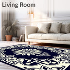 Dark Blue Ivory Floral Ornament Pattern Rug