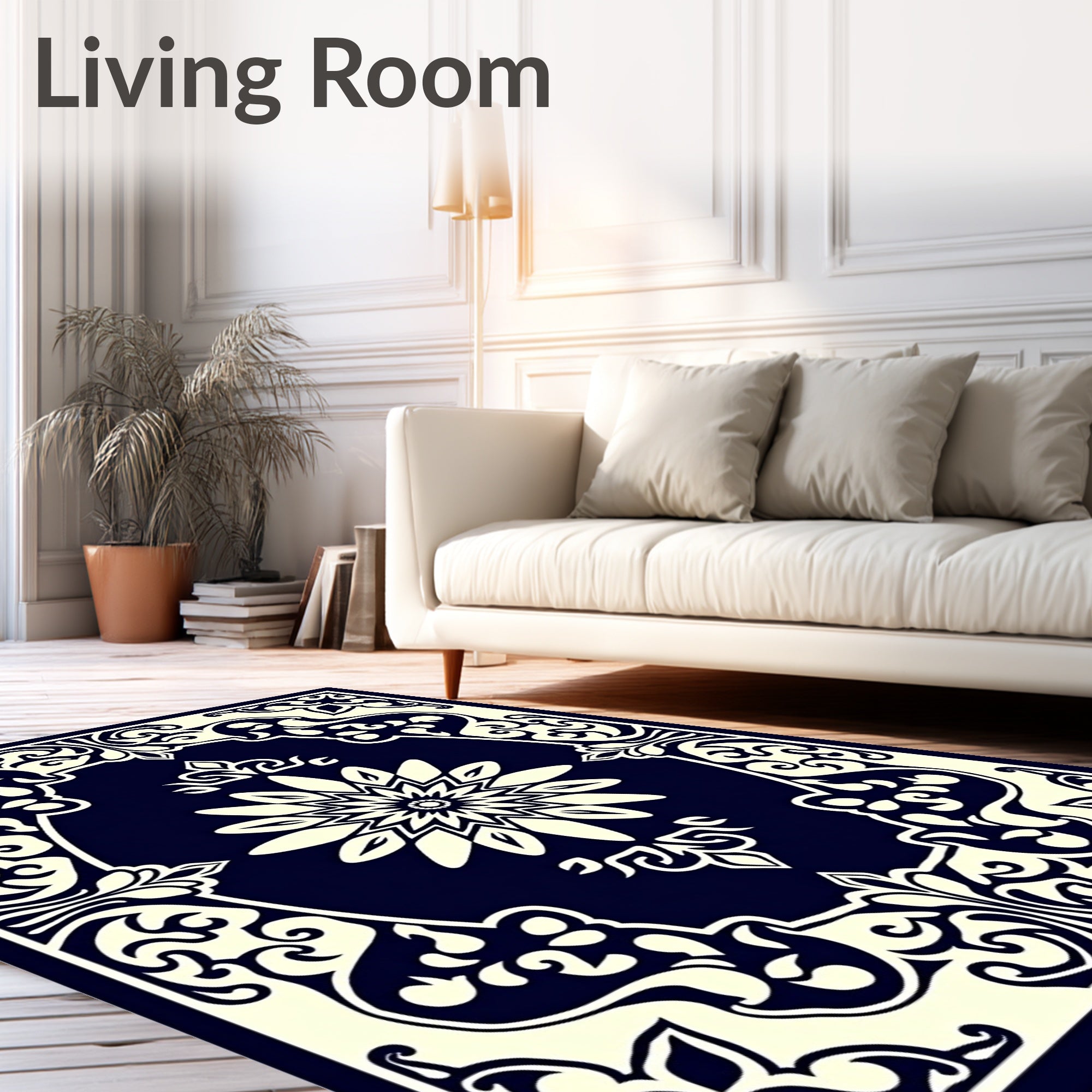Dark Blue Ivory Floral Ornament Pattern Rug