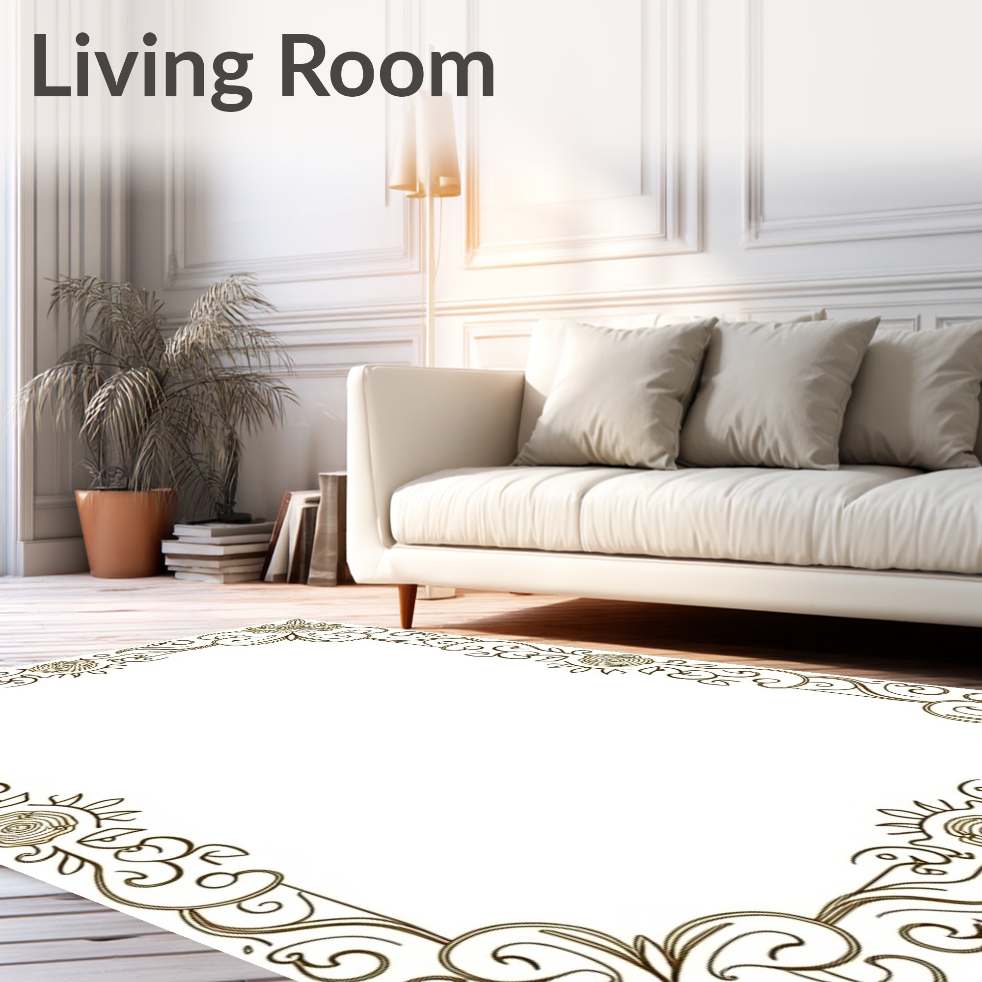 Ornate Golden Floral Swirl Border Rug