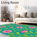 Pink Floral Patterned Teal Surface Rug