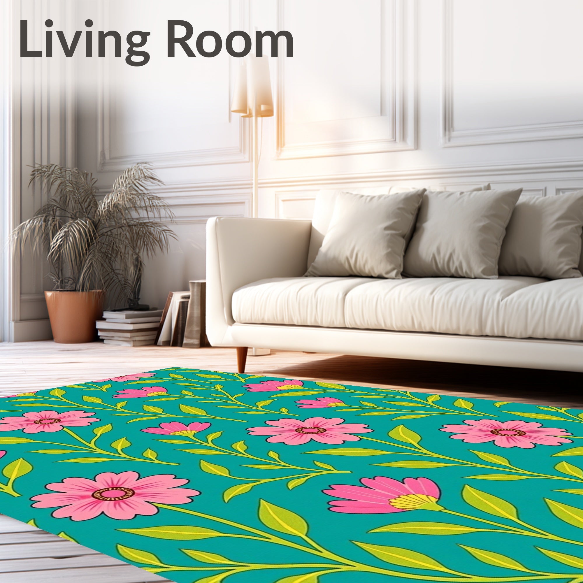 Pink Floral Patterned Teal Surface Rug