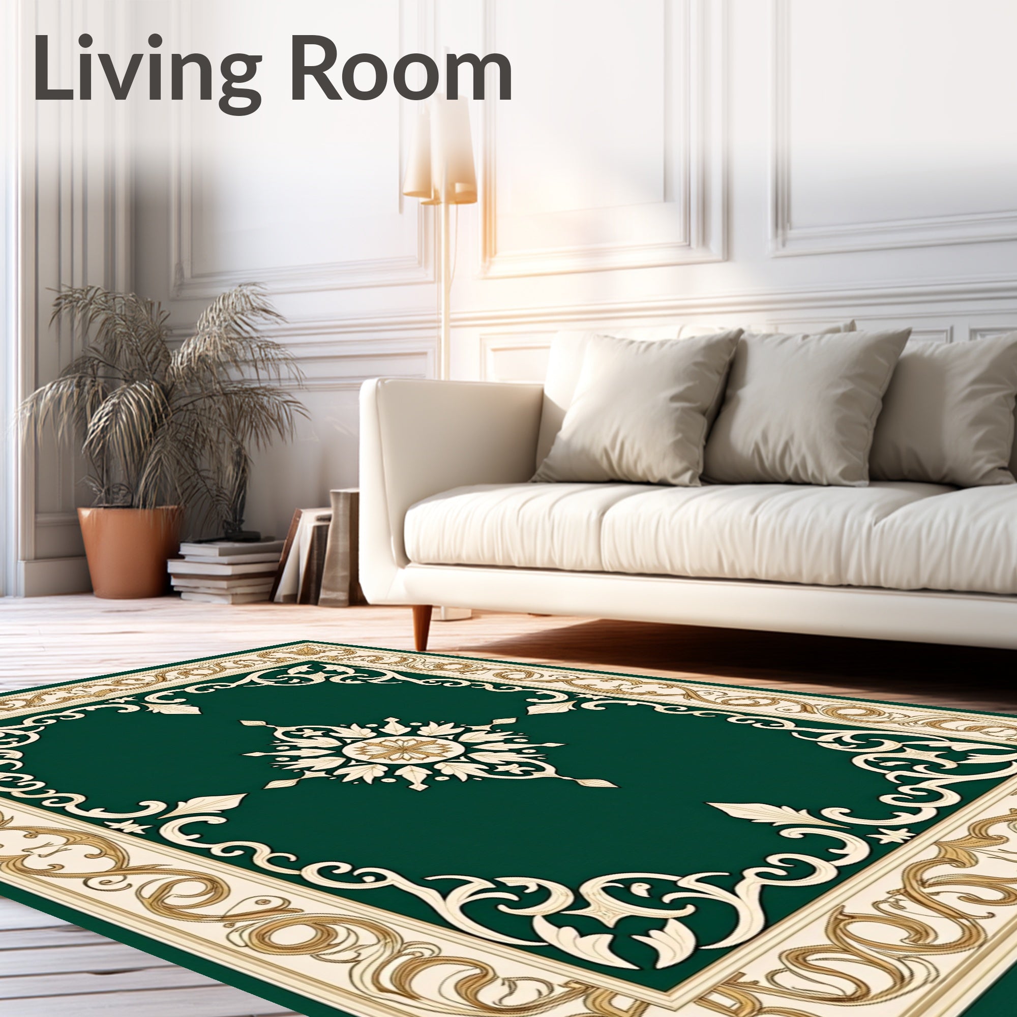 Elegant Green Cream Gold Scroll Rug