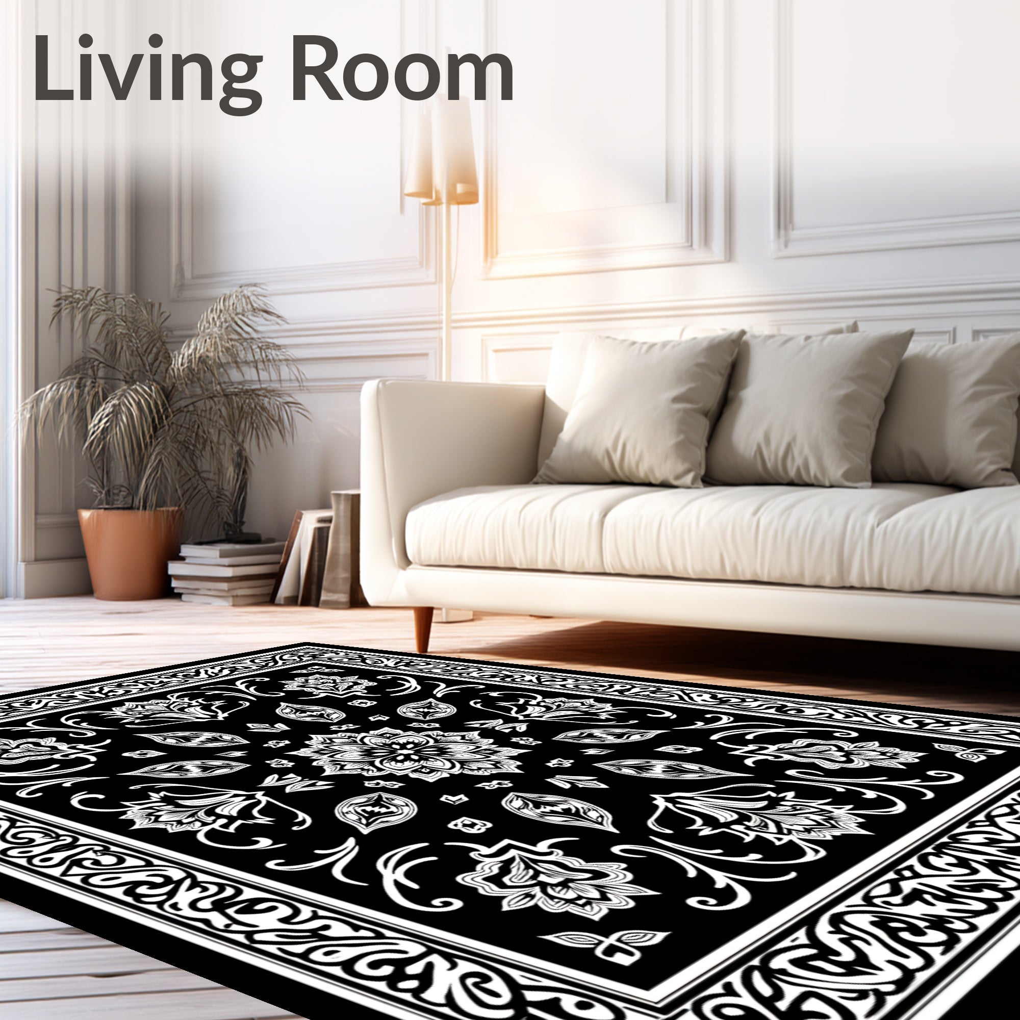 Black White Floral Paisley Border Design Rug