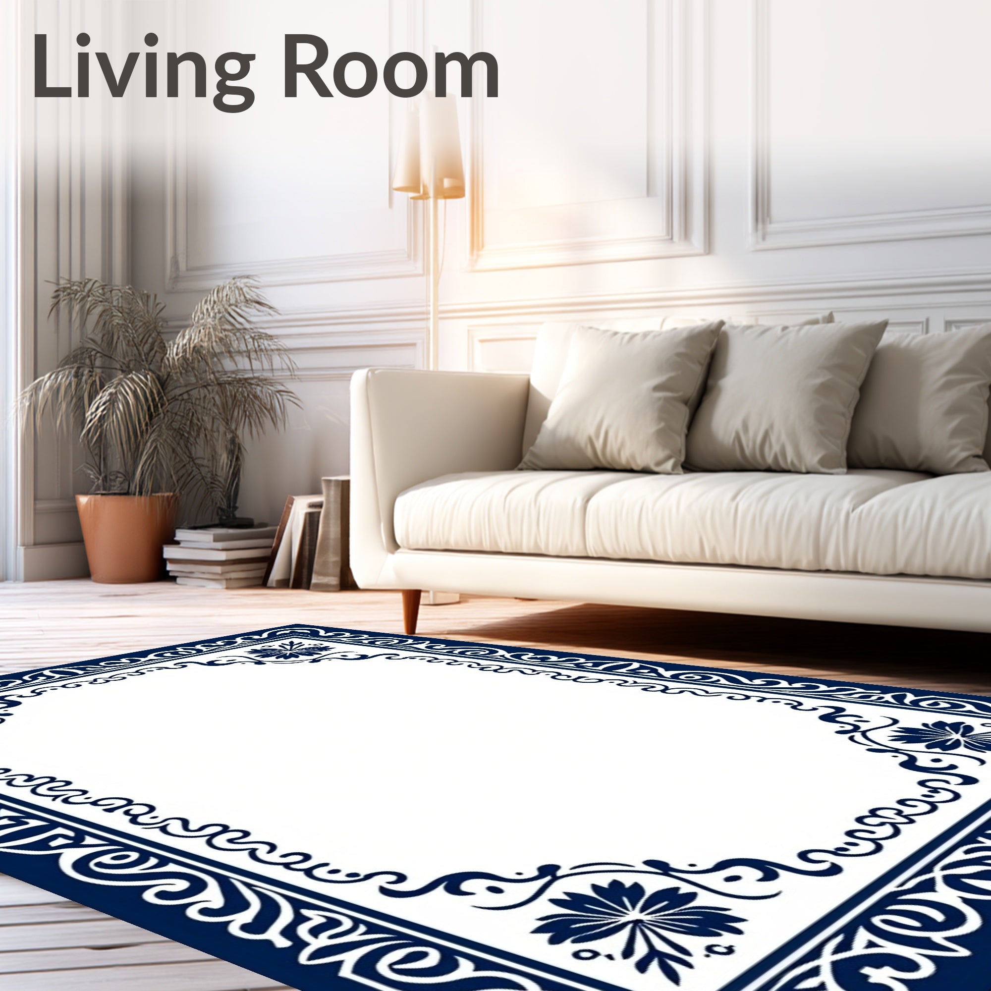 Navy Floral Scroll Border Design Rug