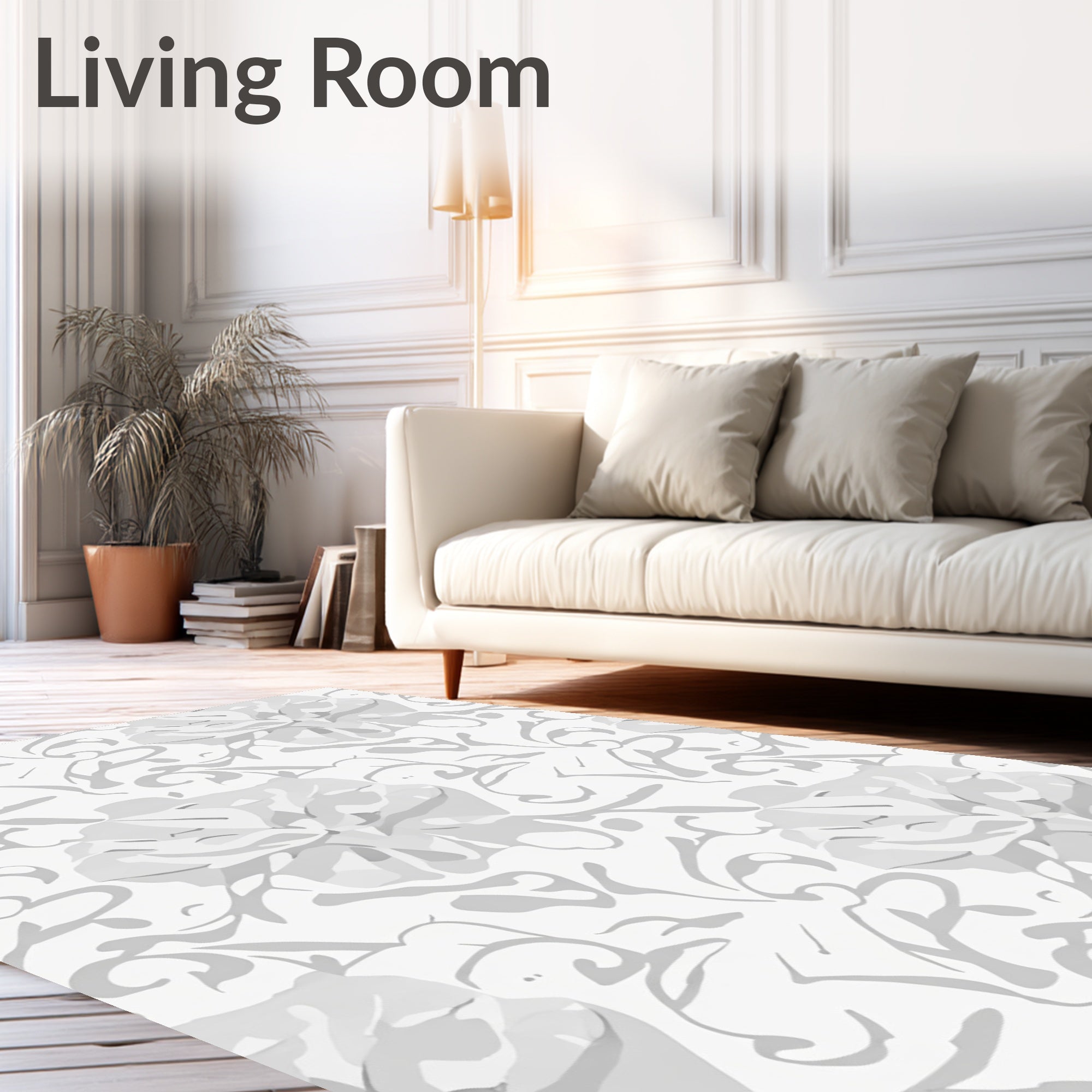 Soft Gray Floral Scroll Pattern Rug