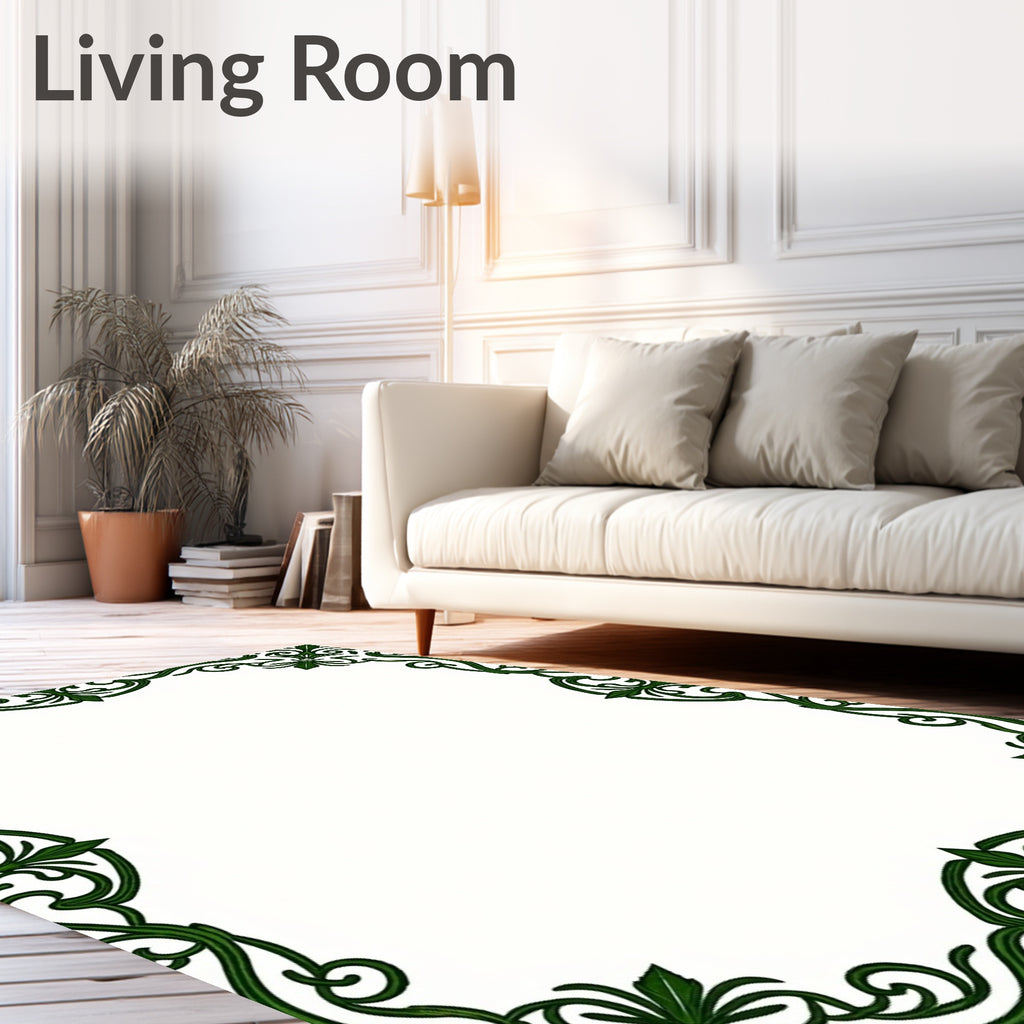 Elegant Green Swirl Floral Border Rug