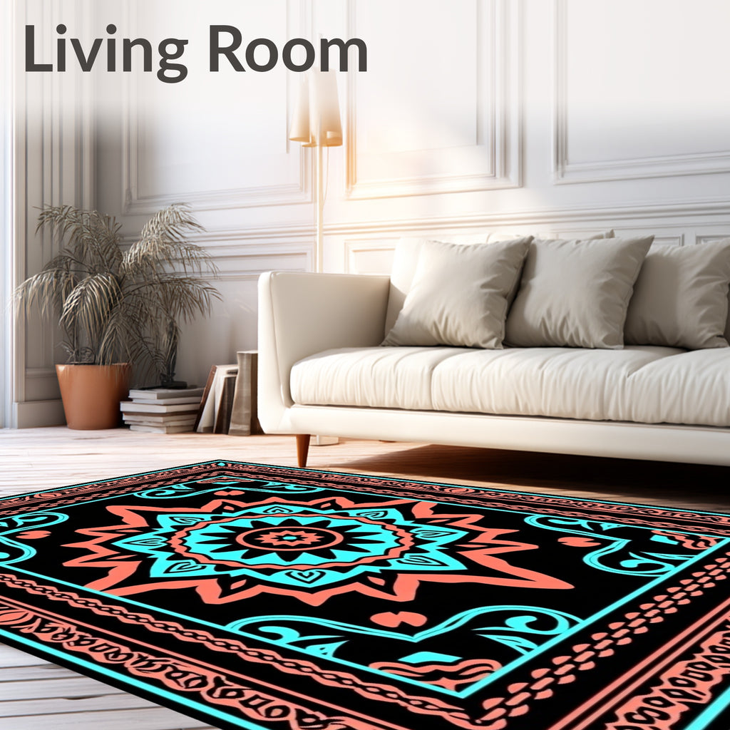 Bold Teal Coral Mandala Pattern Rug