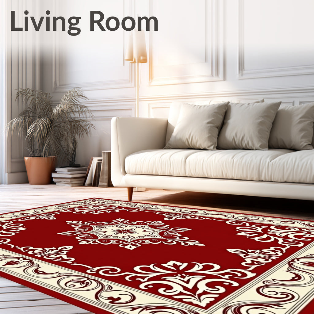 Elegant Red Cream Floral Medallion Rug