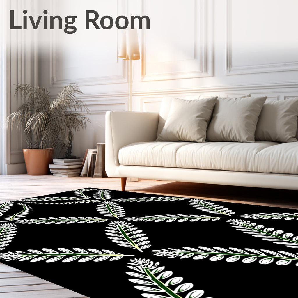Black Green White Leafed Vine Rhombus Rug