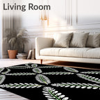 Black Green White Leafed Vine Rhombus Rug