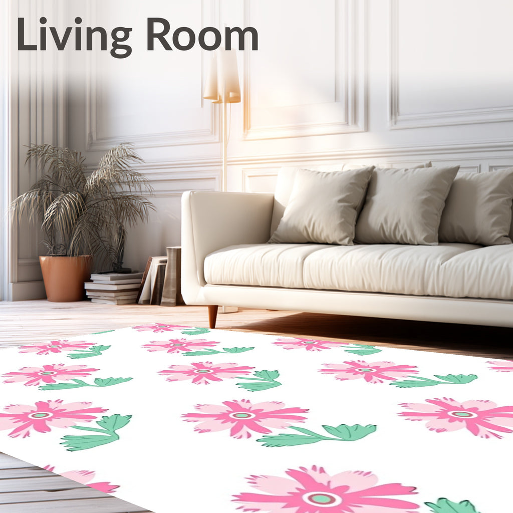 Pink Daisy Pattern With Green Stems Rug