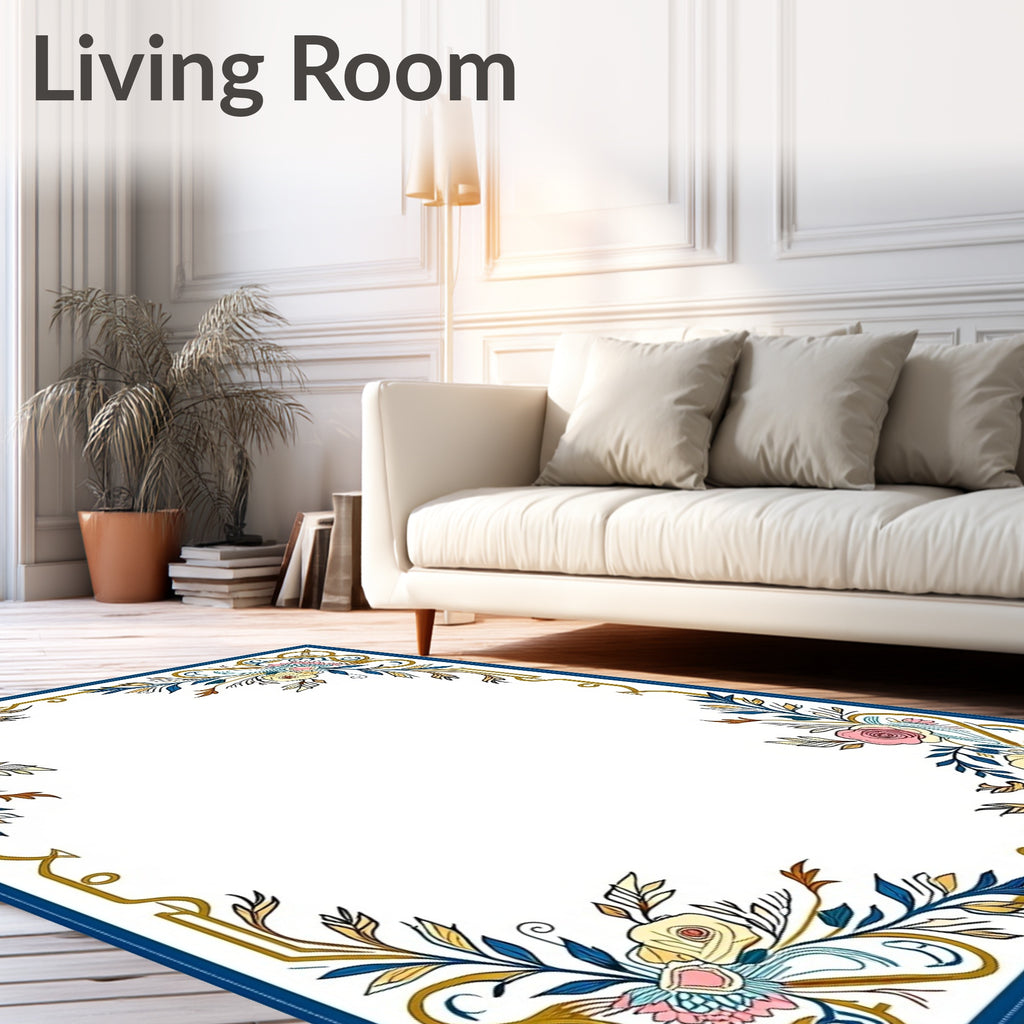 Art Nouveau Floral Golden Blue Border Rug