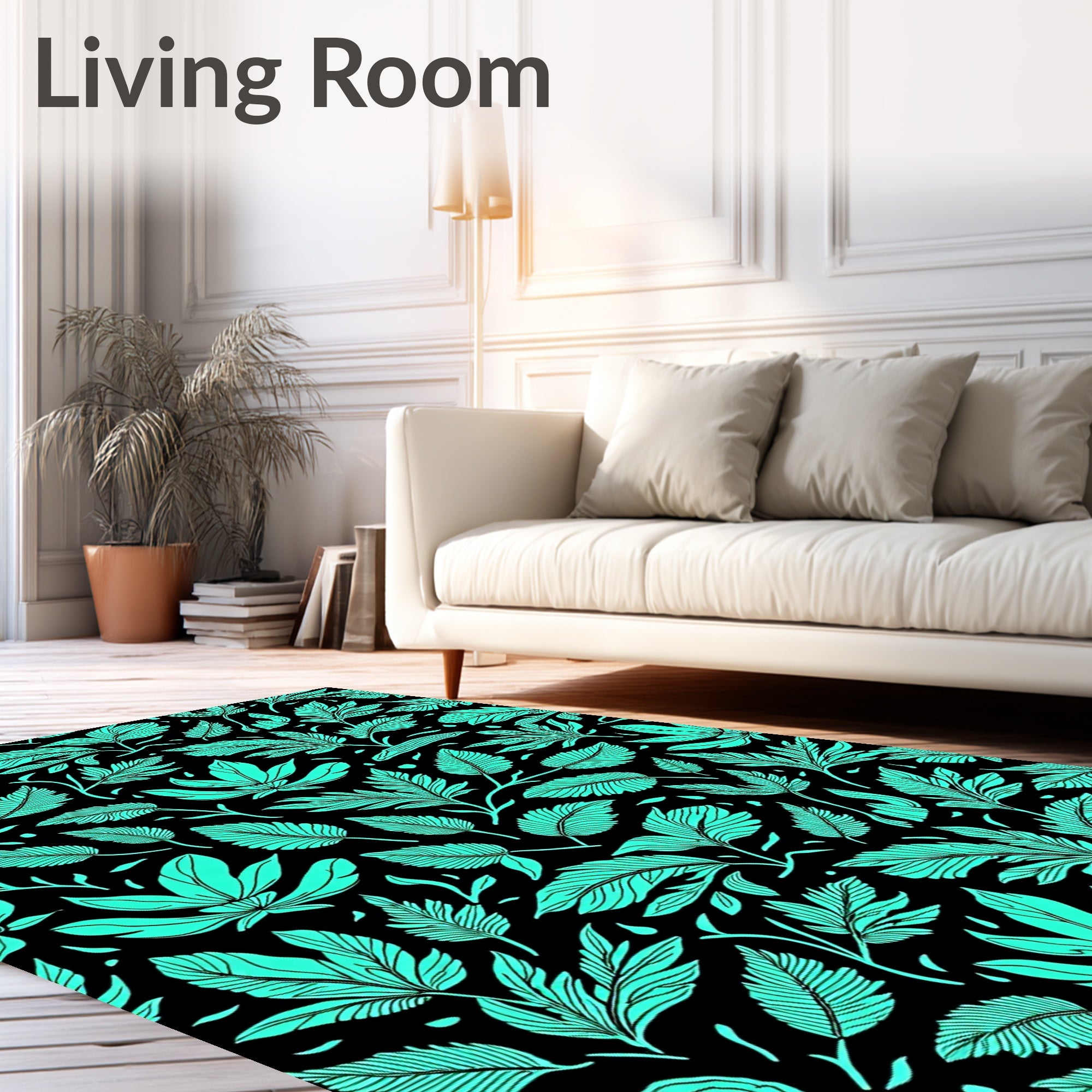 Aqua Leaf Patterned Abstract Design Rug
