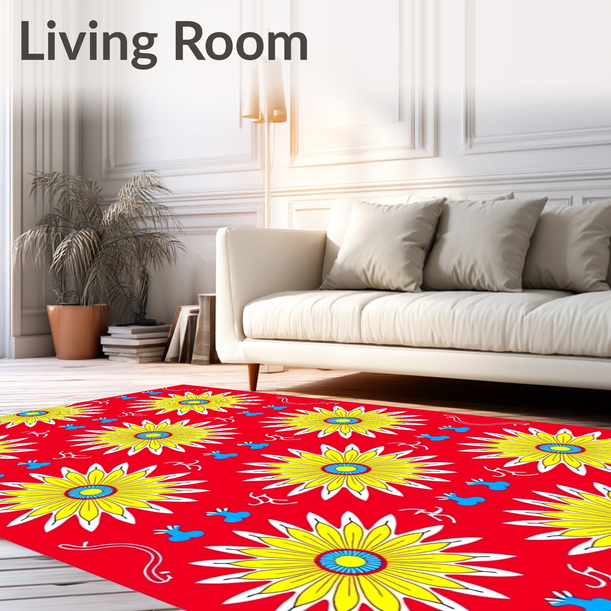 Bold Yellow Sunburst Flower Pattern Rug