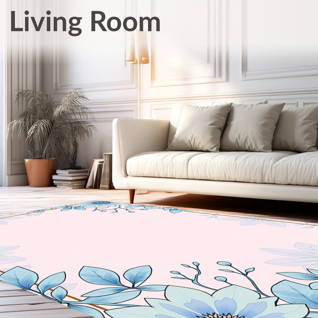 Blue Floral Botanical Border Design Rug