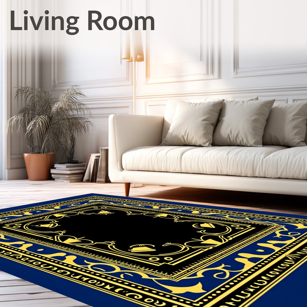 Ornate Navy Blue Golden Bell Artwork Rug