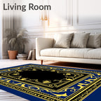 Ornate Navy Blue Golden Bell Artwork Rug