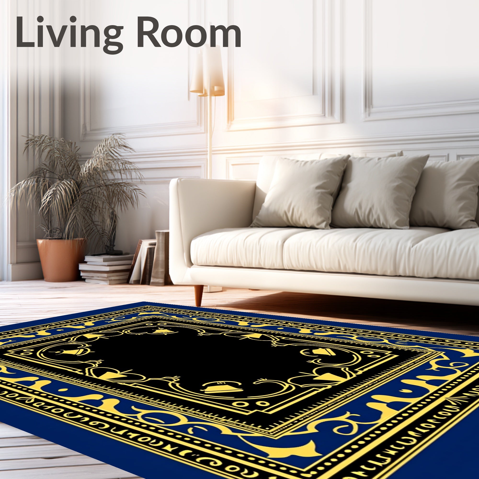 Ornate Navy Blue Golden Bell Artwork Rug