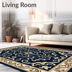 Ornate Scrollwork Navy Gold Accent Rug