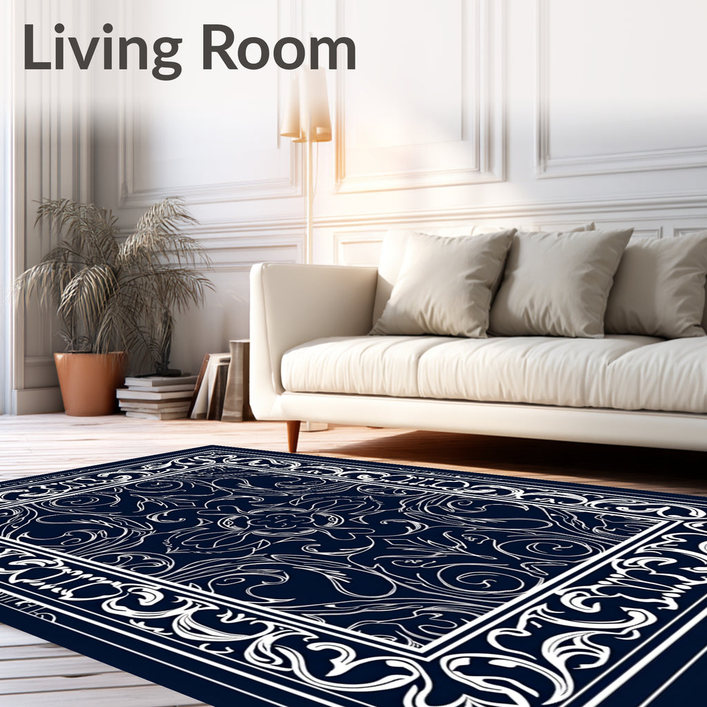 Ornate White Flourish on Navy Rug