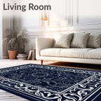 Ornate White Flourish on Navy Rug