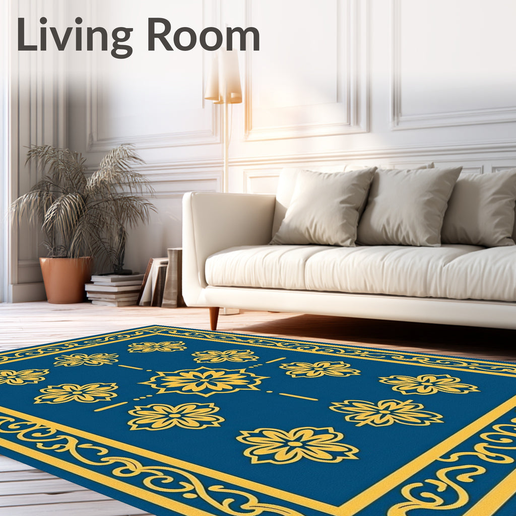 Royal Blue Yellow Floral Medallion Rug