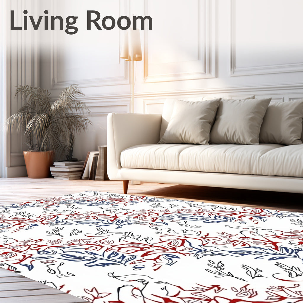 Red Blue Abstract Branch Pattern Rug