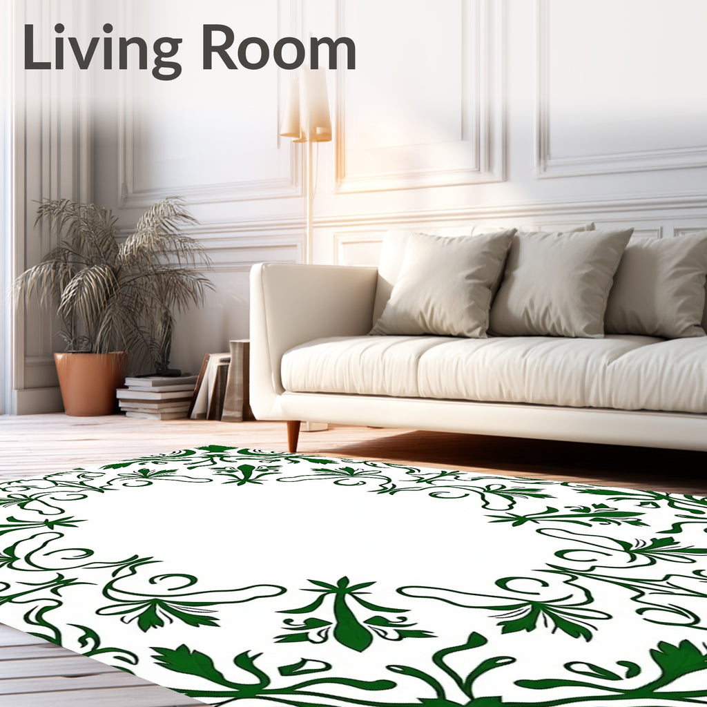 Elegant Green Leaf Scroll Pattern Rug
