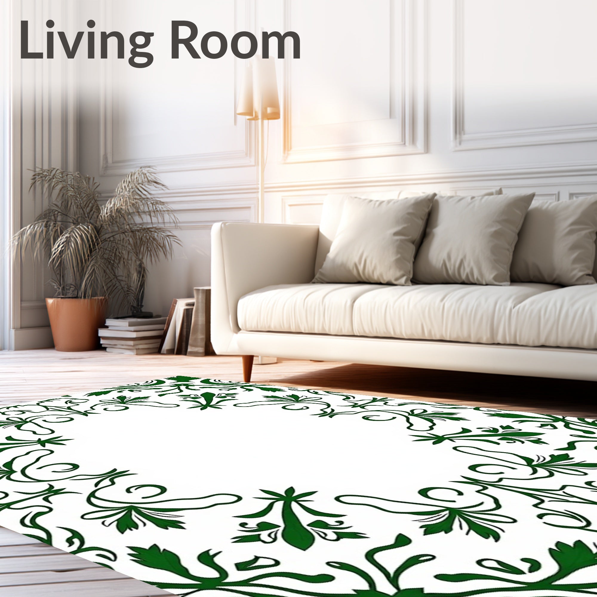 Elegant Green Leaf Scroll Pattern Rug