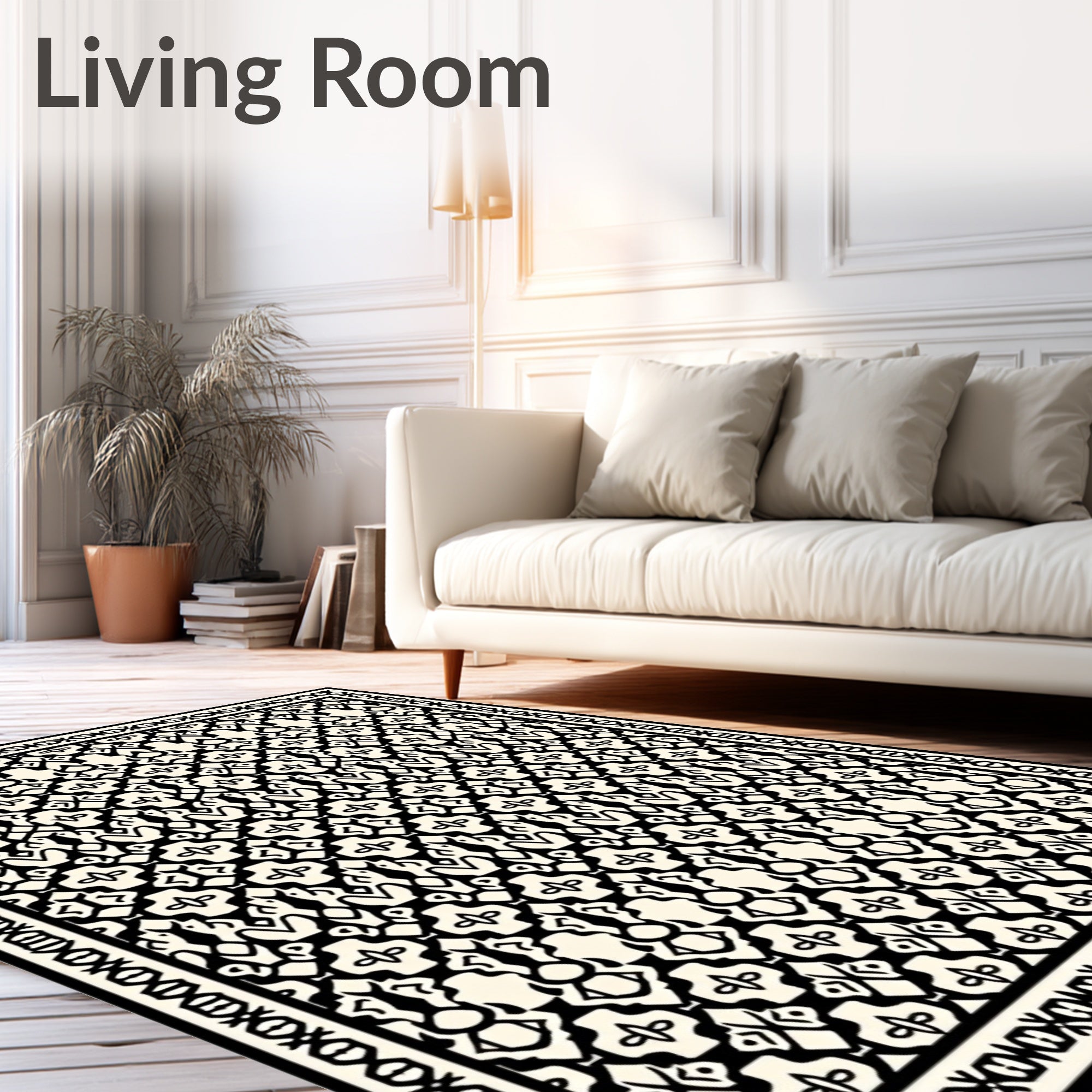 Ornamental Black White Geometric Style Rug