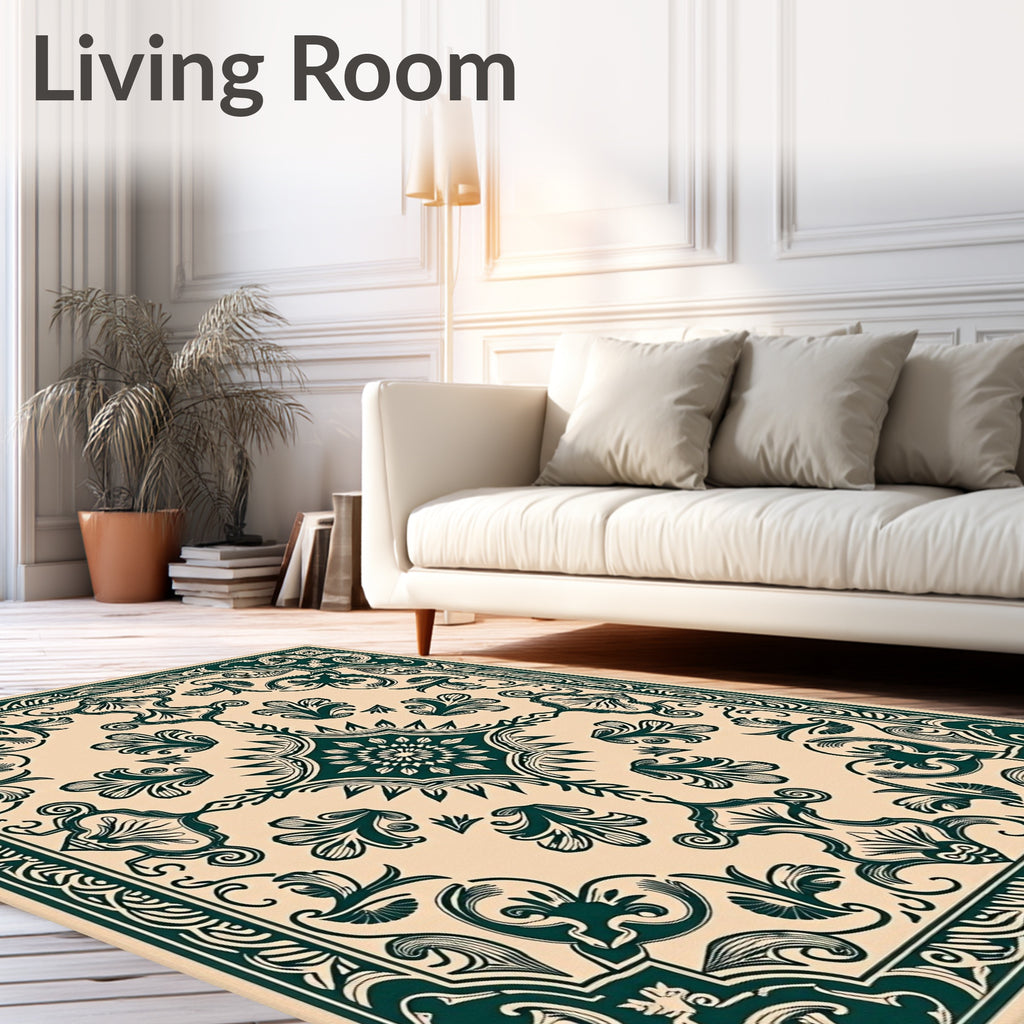 Dark Green Floral Scroll Traditional Rug