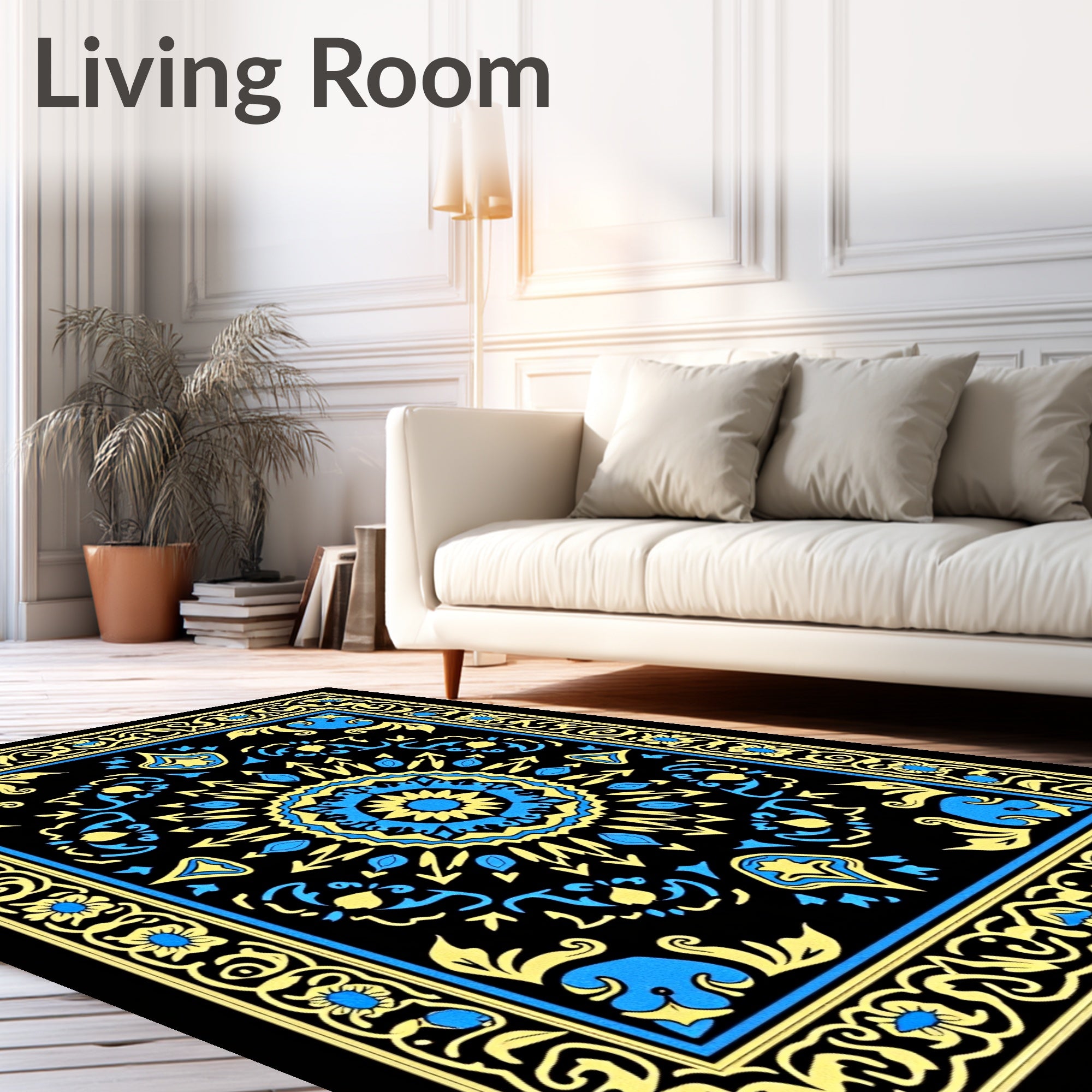 Intricate Blue Yellow Mandala Pattern Rug