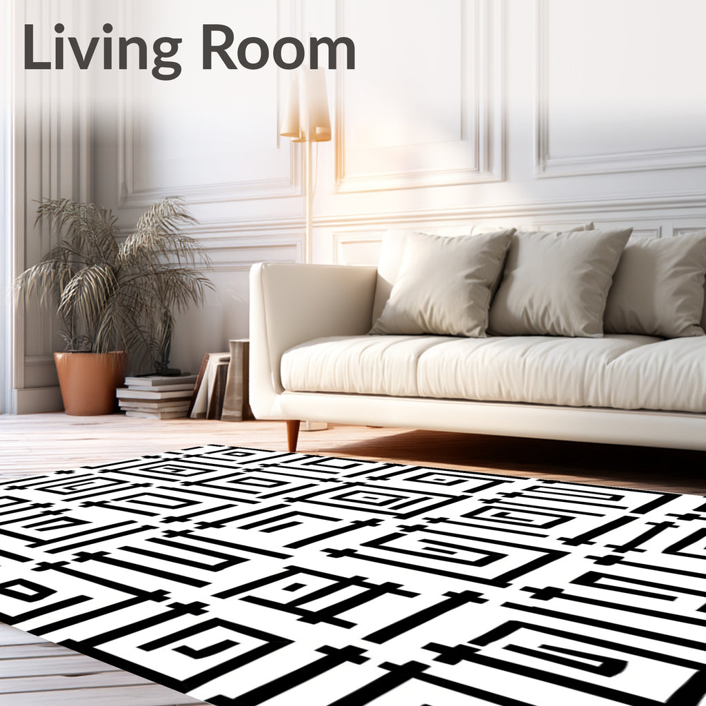 Bold Black Geometric Maze Design Rug