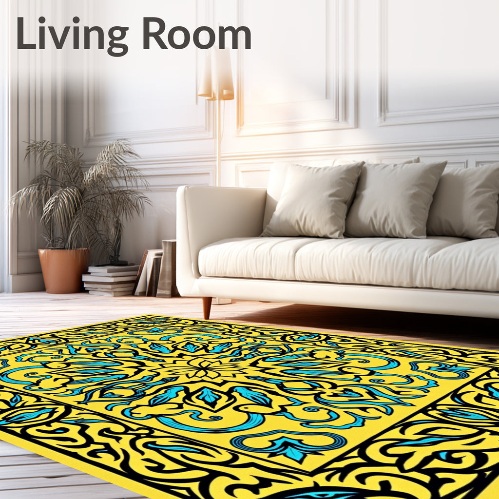 Vibrant Yellow Blue Floral Medallion Pattern Rug