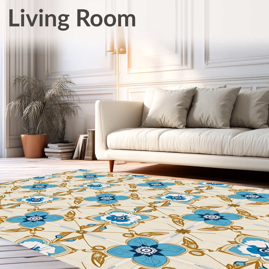 Blue Floral Pattern With Gold Accents Rug