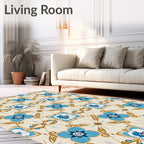 Blue Floral Pattern With Gold Accents Rug