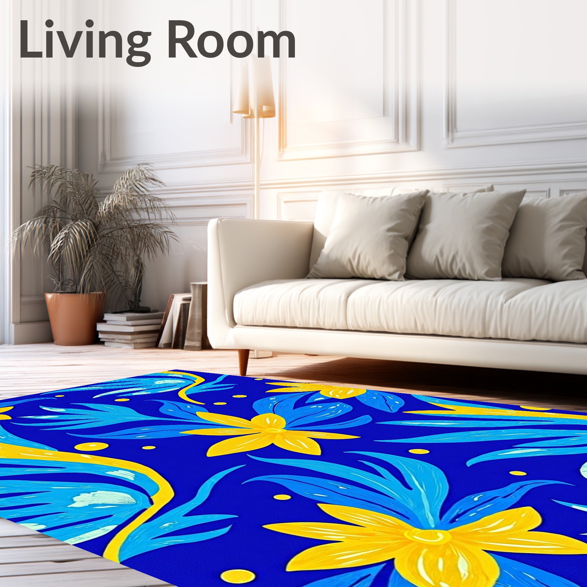 Bold Blue Yellow Floral Swirls Rug