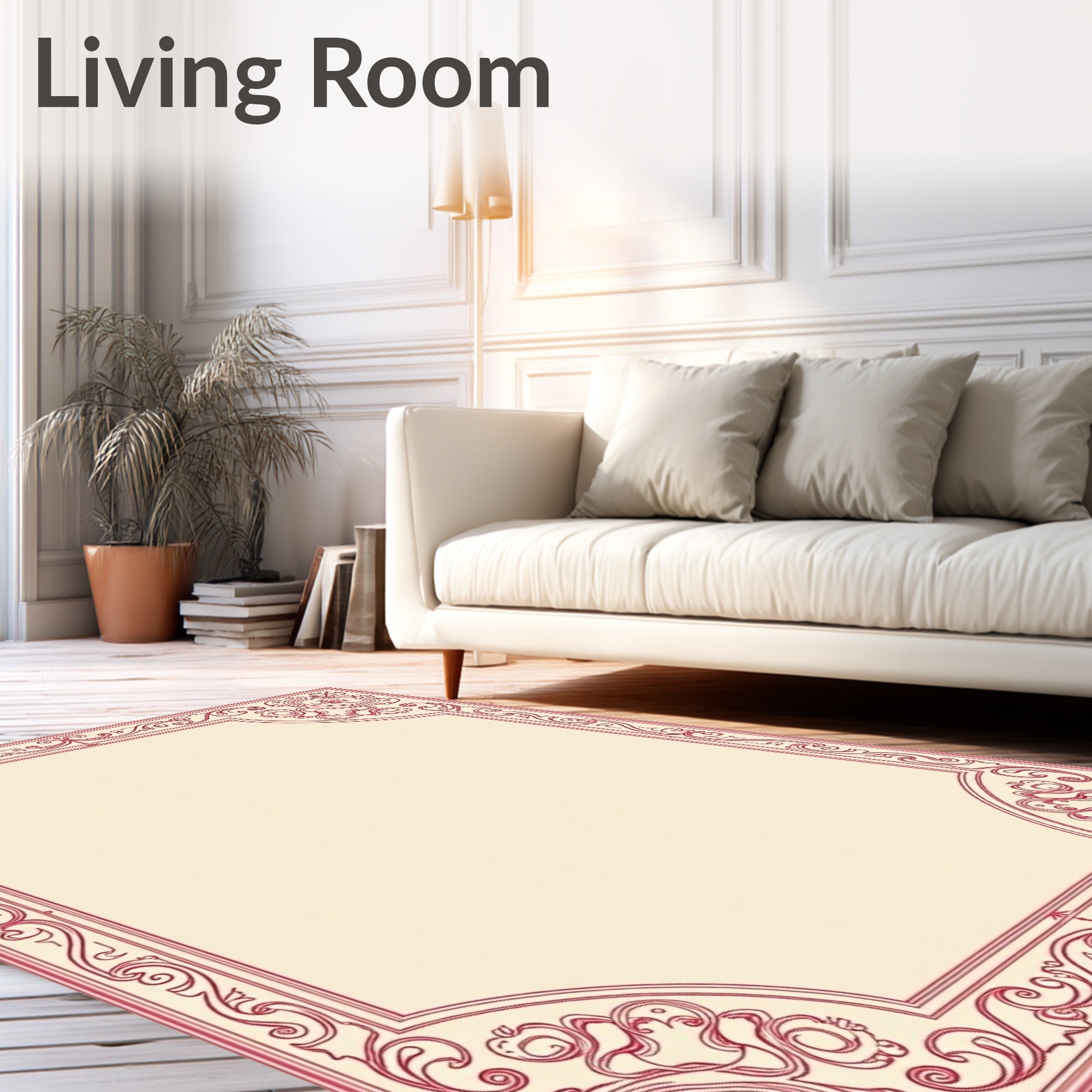 Ornate Red Scrollwork Border Design Rug