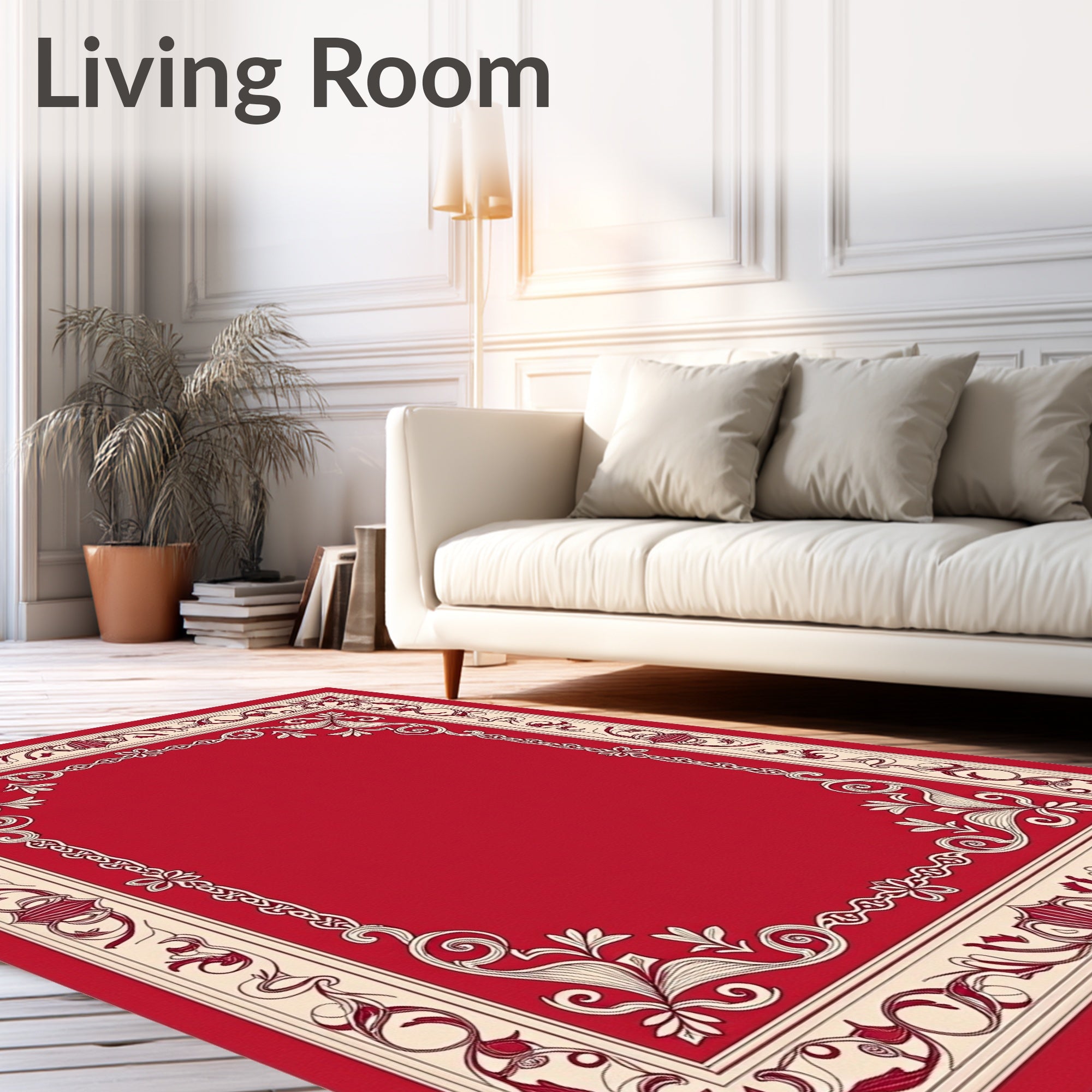 Ornate Red Cream Floral Scroll Frame Rug